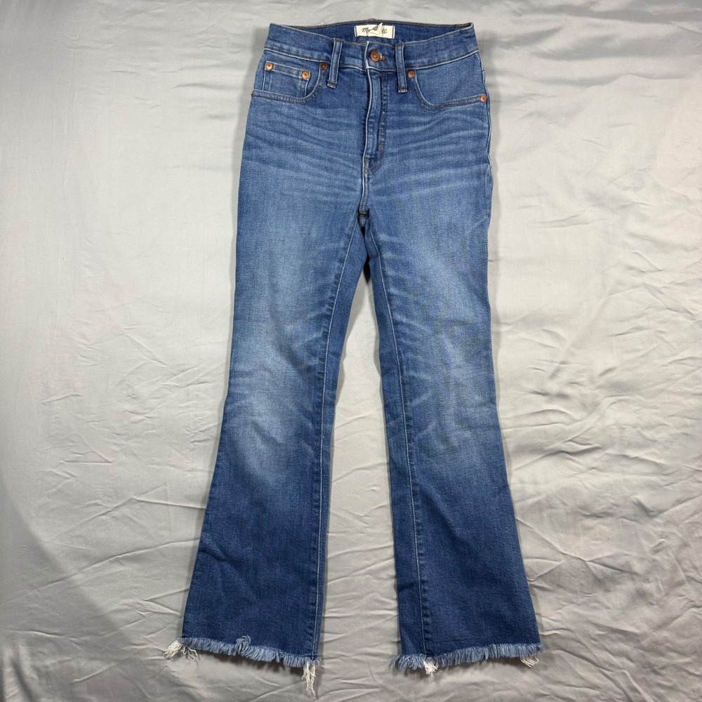 Madewell Cali Demi-Boot High Rise Flare Jeans Blue Frayed Hem‎ Sz 23 Boho Hippie